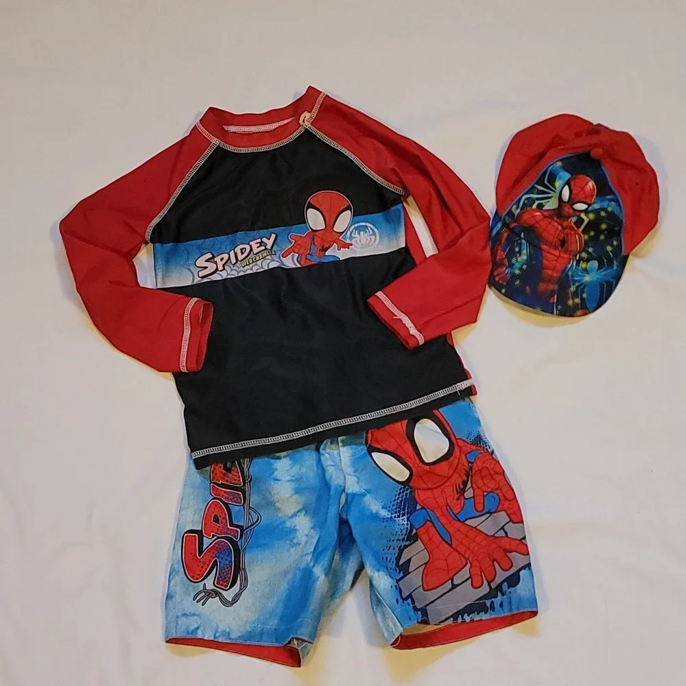 Spiderman Boys 4T Swimsuit Swim Trunks/L/S Rash Guard Shirt/Baseball Cap Spidey